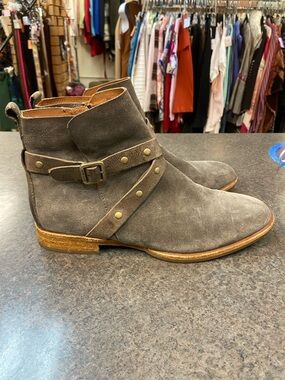 Kork-Ease Gray Suede Ankle Boots with Strap and Buckle